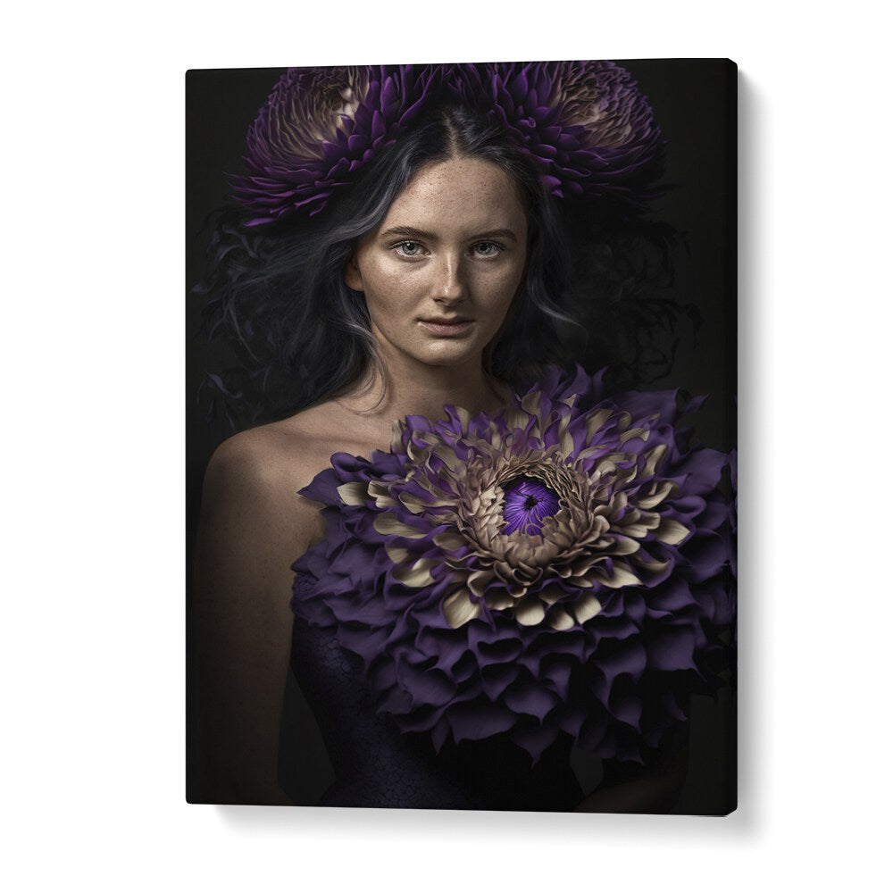 Surreal PURPLE HEART photography prints feature a woman adorned with striking purple flowers, perfect for art lovers.