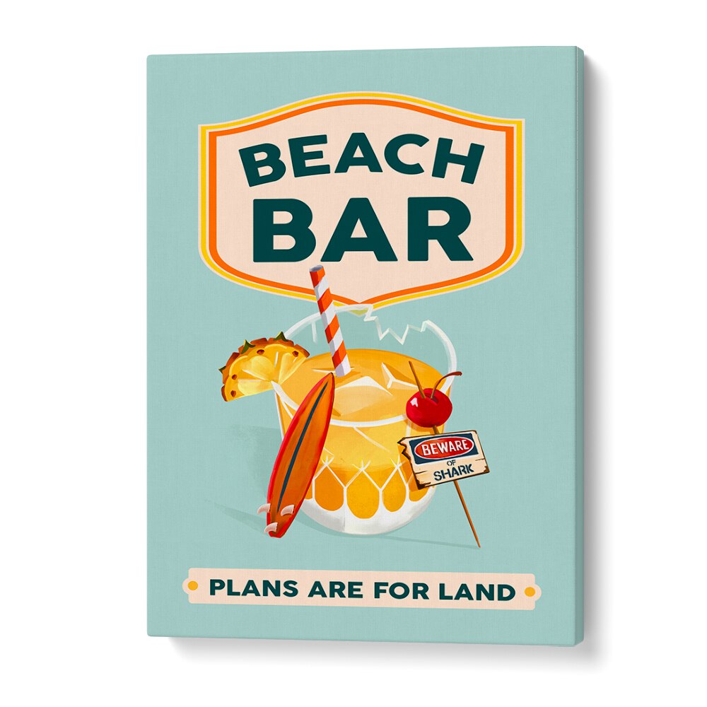 Vibrant BEACH BAR COCKTAIL, BAR art featuring a tropical drink and surfboard, perfect for summer decor.