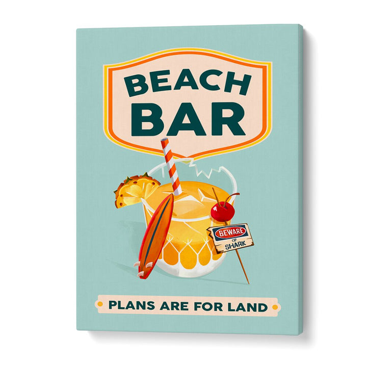 Vibrant BEACH BAR COCKTAIL, BAR art featuring a tropical drink and surfboard, perfect for summer decor.