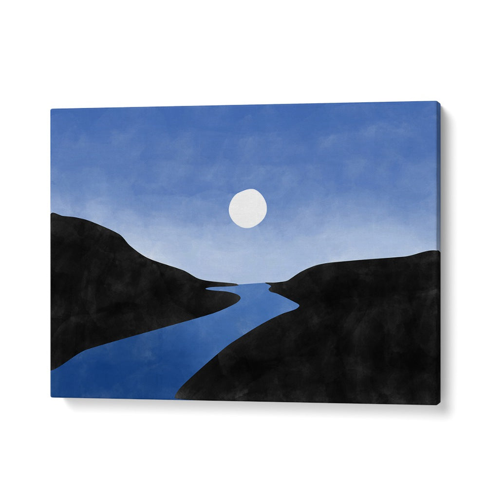 Serene landscape painting "BLUE VALLEY I, LANDSCAPE PAINTINGS" by Elena Ristova, showcasing nature's beauty.