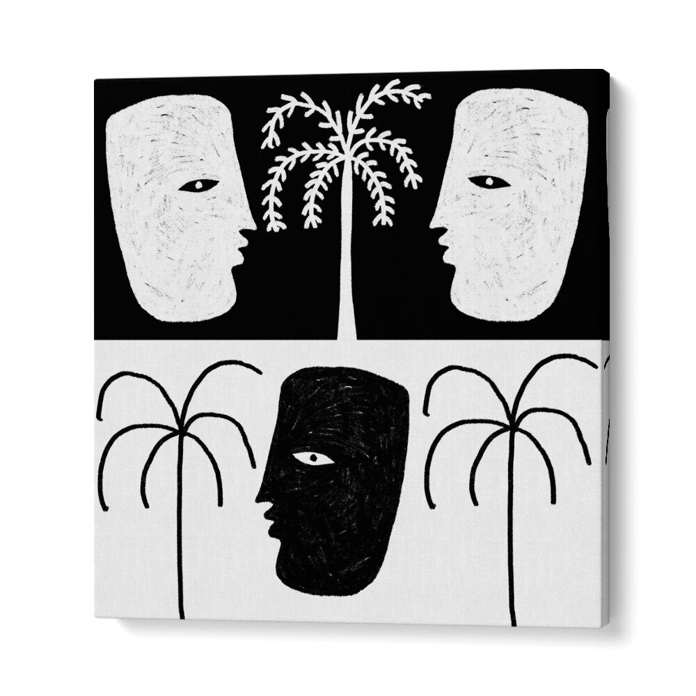 YEARNING I, BOHO ART PAINTINGS features striking black and white faces with palm trees, perfect for stylish decor.