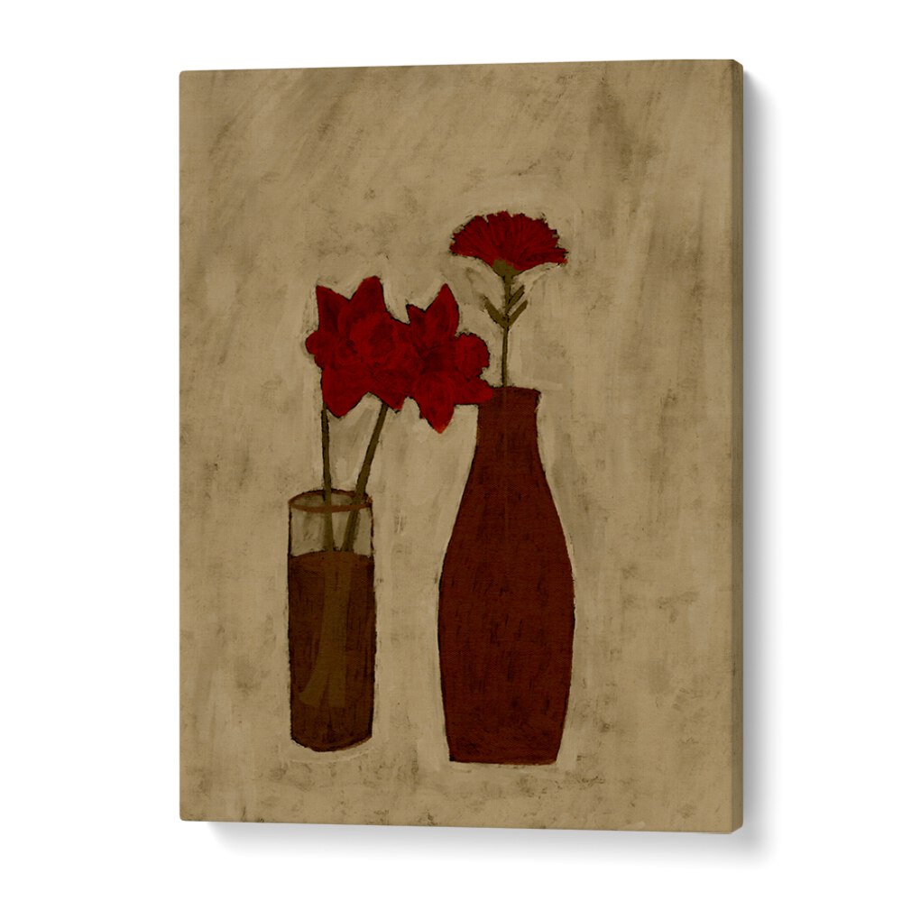 BLOSSOM BLEND, FLORAL FLOWER PAINTINGS showcase vibrant red flowers in elegant vases, perfect for home decor.
