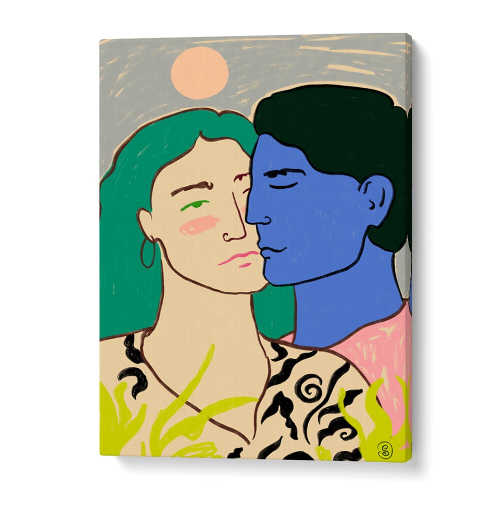 Couples embrace under a moonlit sky in vibrant art print, part of the LOVERS UNDER THE MOON, VIBRANT collection.