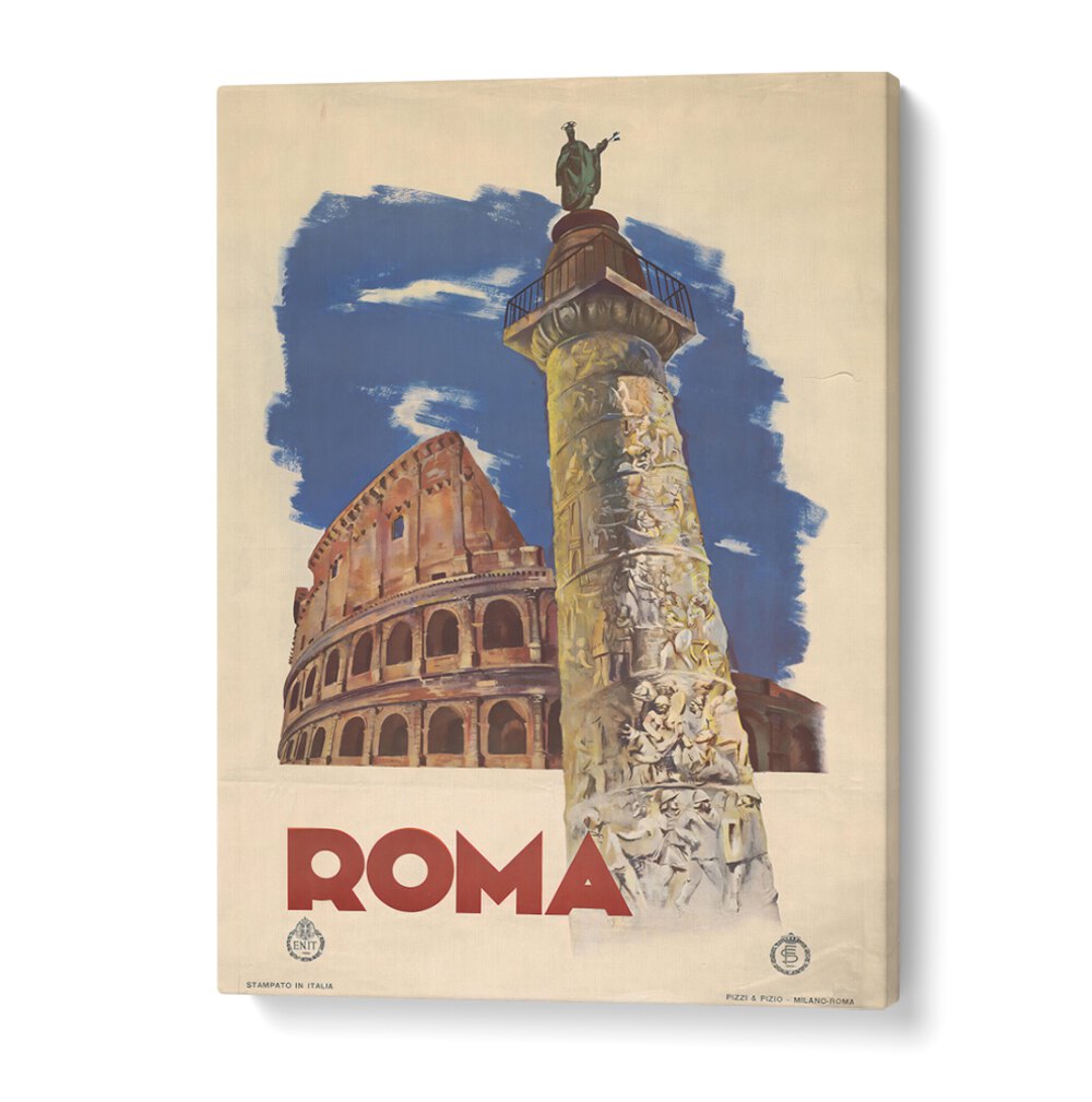 Vintage travel poster featuring ROMA, showcasing iconic landmarks and vibrant colors for a stylish decor statement.