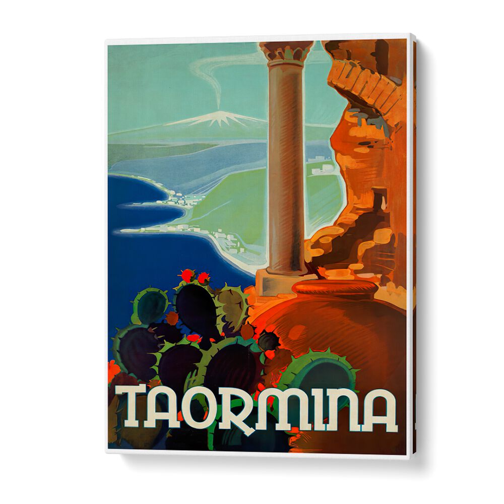 Explore the beauty of Taormina with our stunning vintage travel posters, capturing Sicily's charm and breathtaking views.