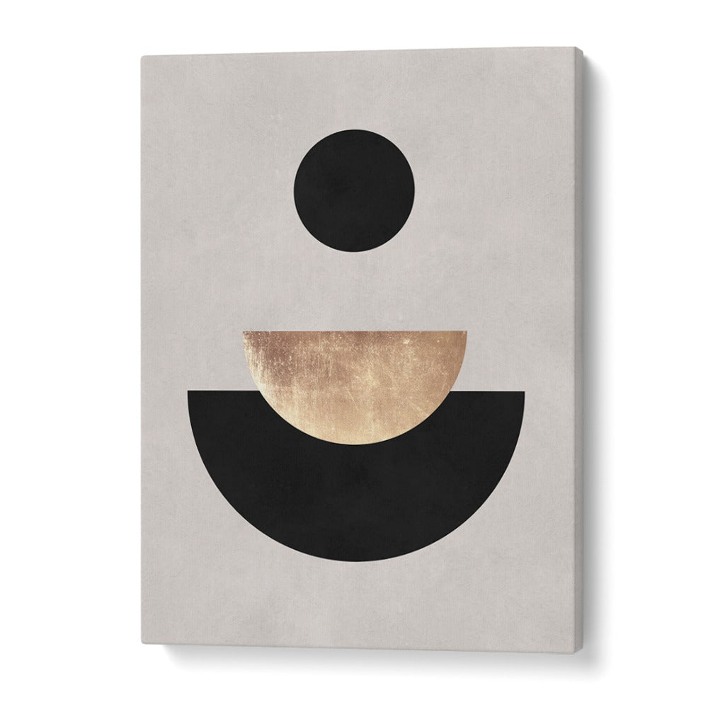 Elegant LINES AND CIRCLES XXII, GEOMETRIC ART PRINTS showcase a modern design with gold and black circular shapes.