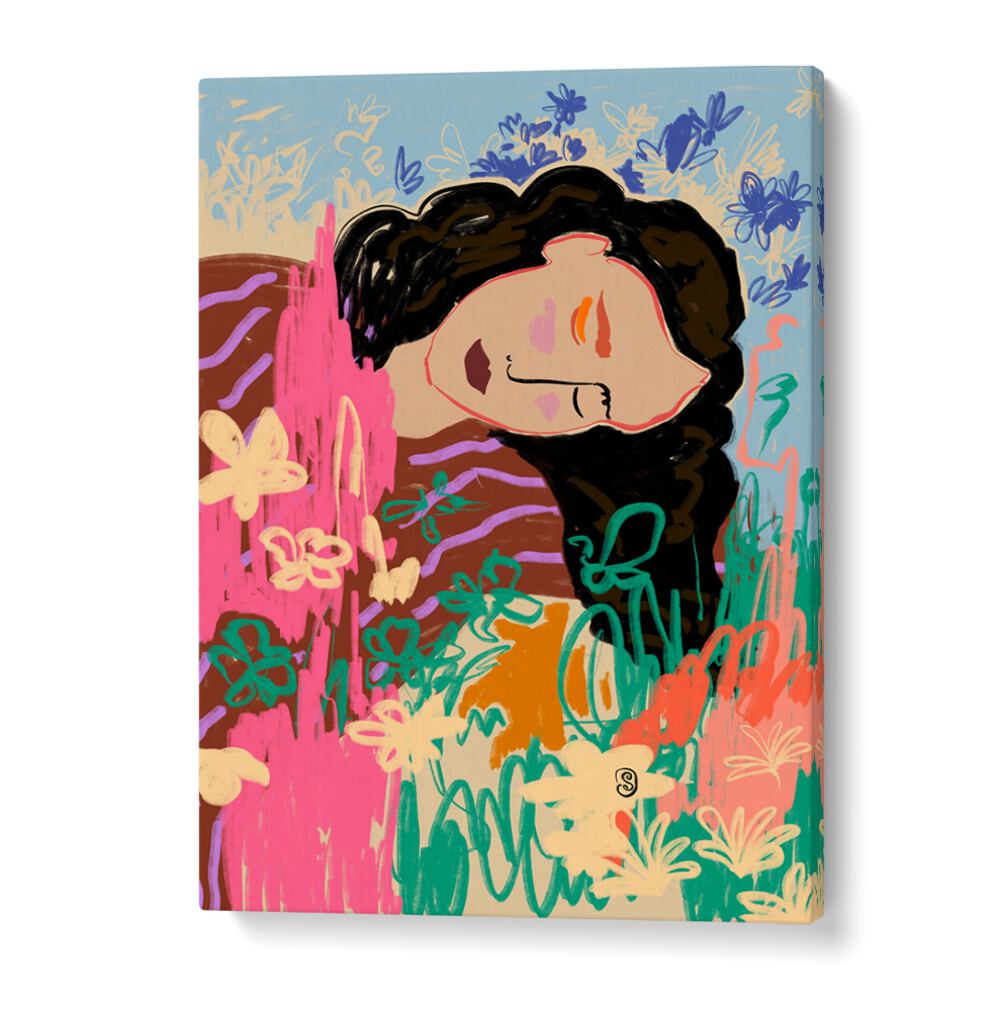 Colorful artwork featuring a serene figure embodies the essence of DAY DREAMING, VIBRANT & ELECTRIC style.