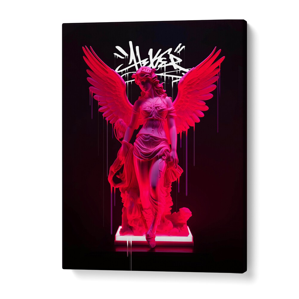 Dikhotomy's NEON ATHENEA, ALTERED ART PRINTS, features a vibrant angel statue in striking pink hues, perfect for modern decor.