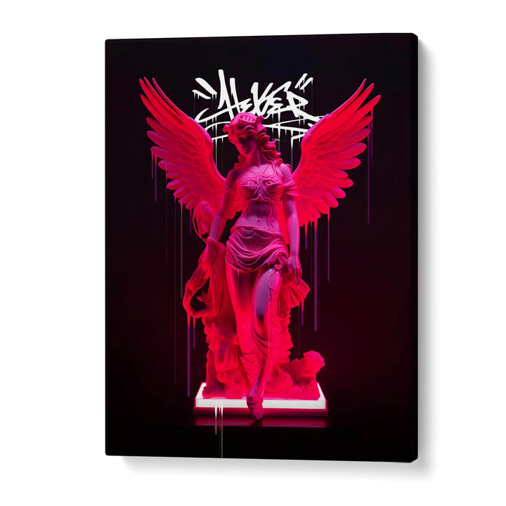 Dikhotomy's NEON ATHENEA, ALTERED ART PRINTS, features a vibrant angel statue in striking pink hues, perfect for modern decor.