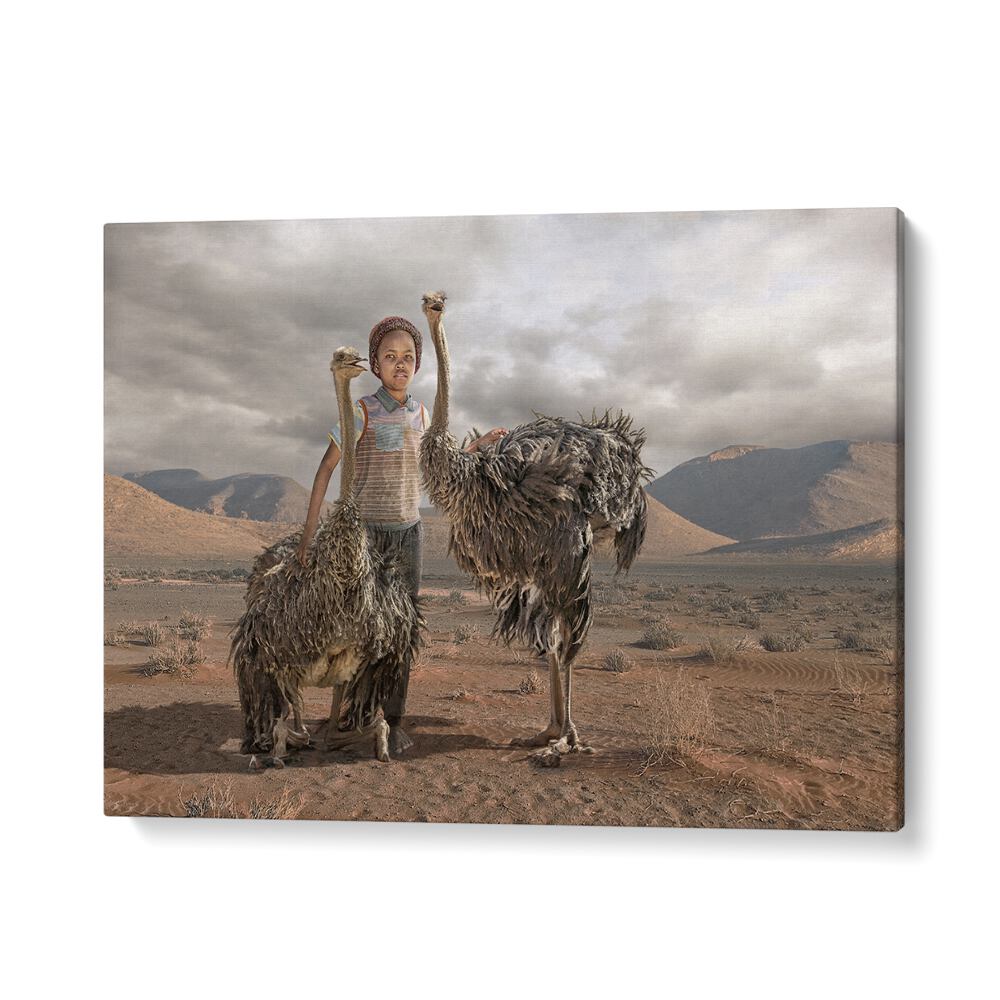 Surreal OSTRICH BOY, PHOTOGRAPHY PRINTS featuring a child with ostriches in a whimsical desert landscape.