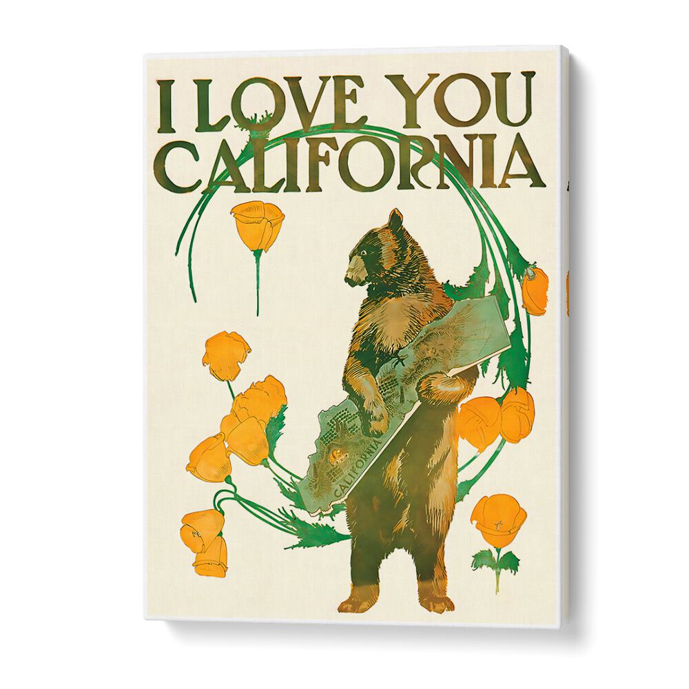 Stylish I LOVE CALIFORNIA, VINTAGE TRAVEL POSTERS featuring a bear and California poppies, perfect for decor.