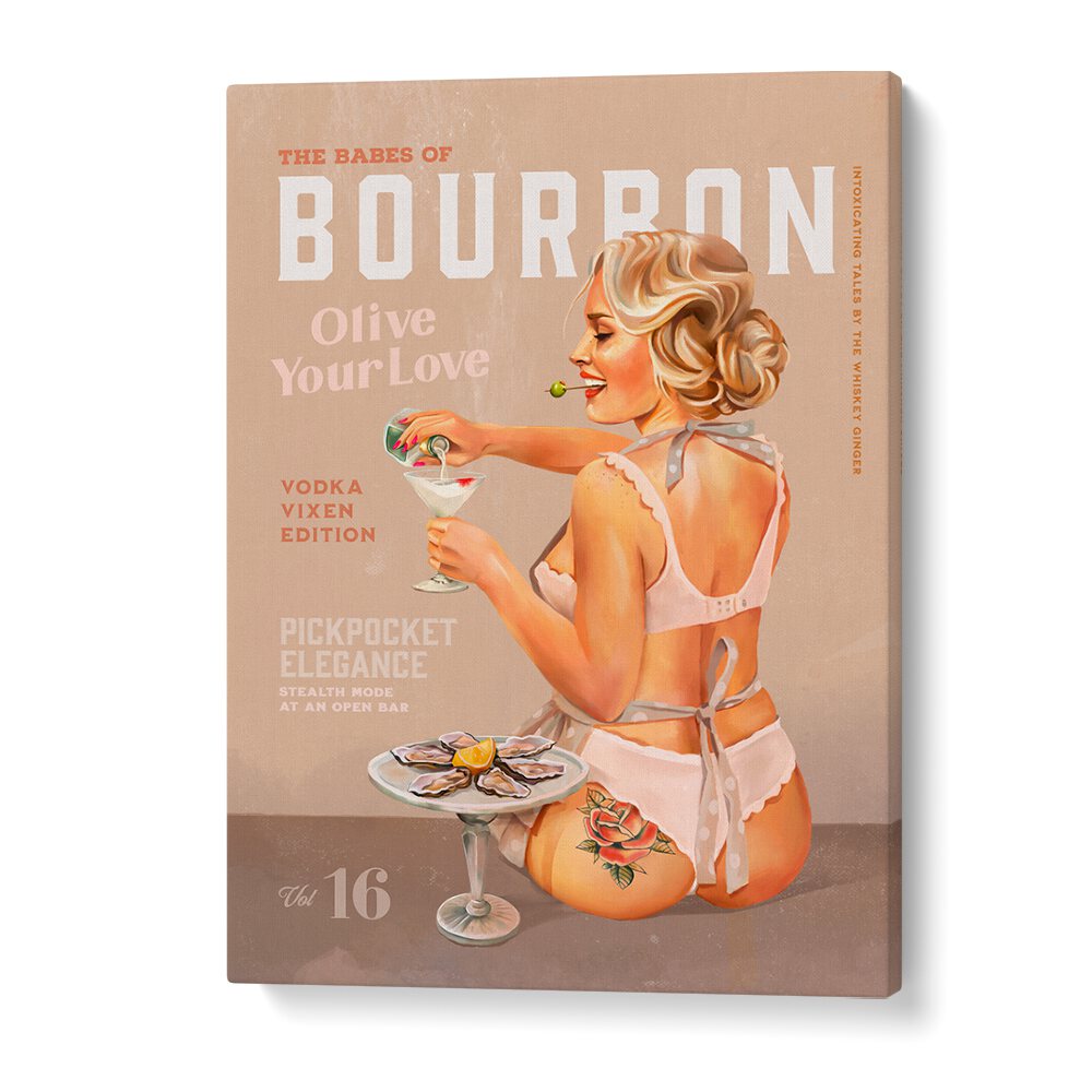 Bourbon Babe art print featuring a vintage vodka martini pin-up girl, perfect for your bar decor.