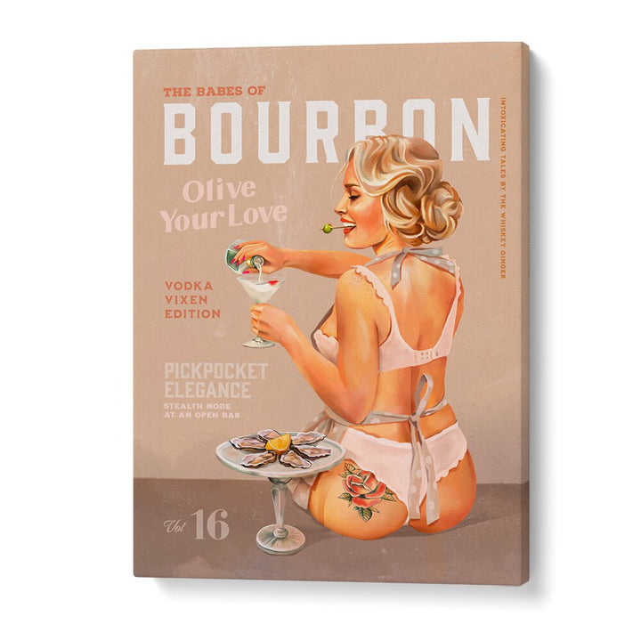 Bourbon Babe art print featuring a vintage vodka martini pin-up girl, perfect for your bar decor.