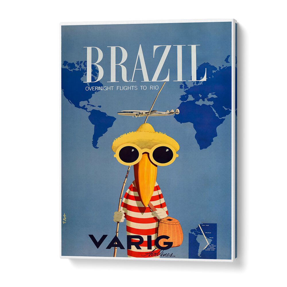 Colorful BRAZIL I, VINTAGE TRAVEL POSTERS featuring a whimsical character and vibrant design for a lively home decor.