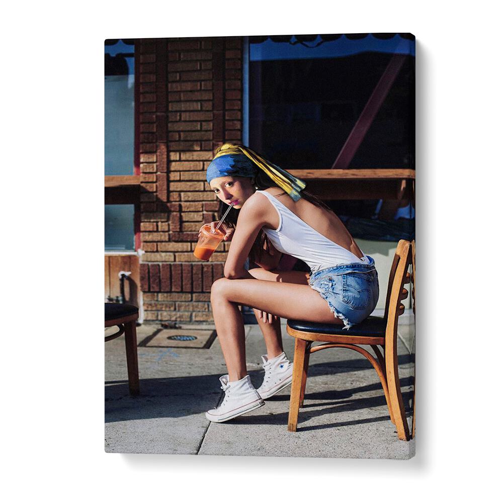Chic urban scene featuring the GIRL WITH PEARL EARRING CHILLOUT MOOD, ALTERED ART PRINTS for contemporary decor.