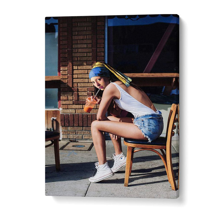 Chic urban scene featuring the GIRL WITH PEARL EARRING CHILLOUT MOOD, ALTERED ART PRINTS for contemporary decor.