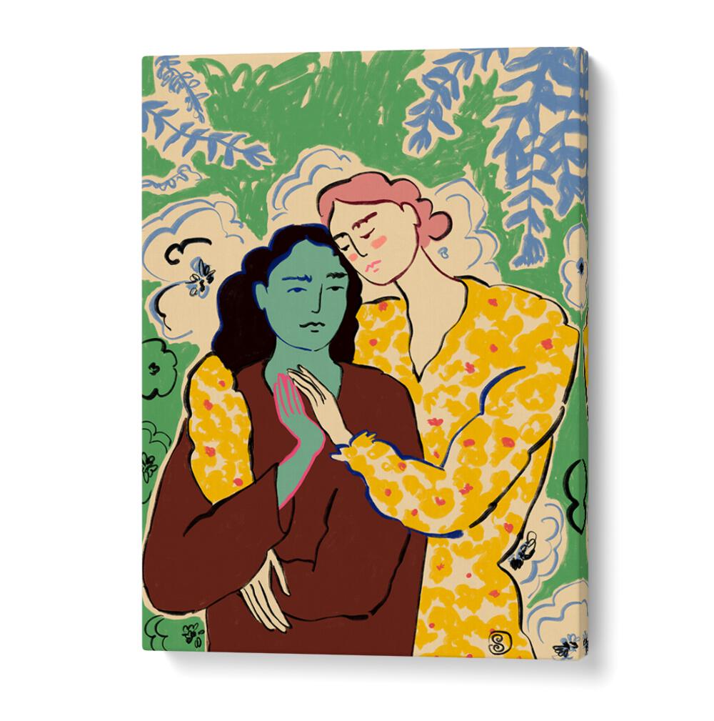 Vibrant art print featuring two figures holding hands, capturing connection and emotion in vivid colors.