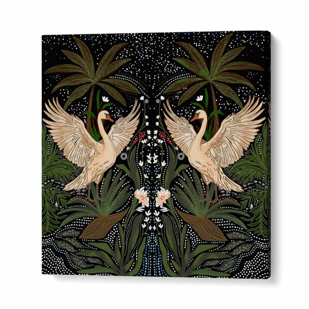 Elegant SWAN DANCE, FLORAL FLOWER PAINTINGS showcasing graceful swans and lush greenery, perfect for any serene space.