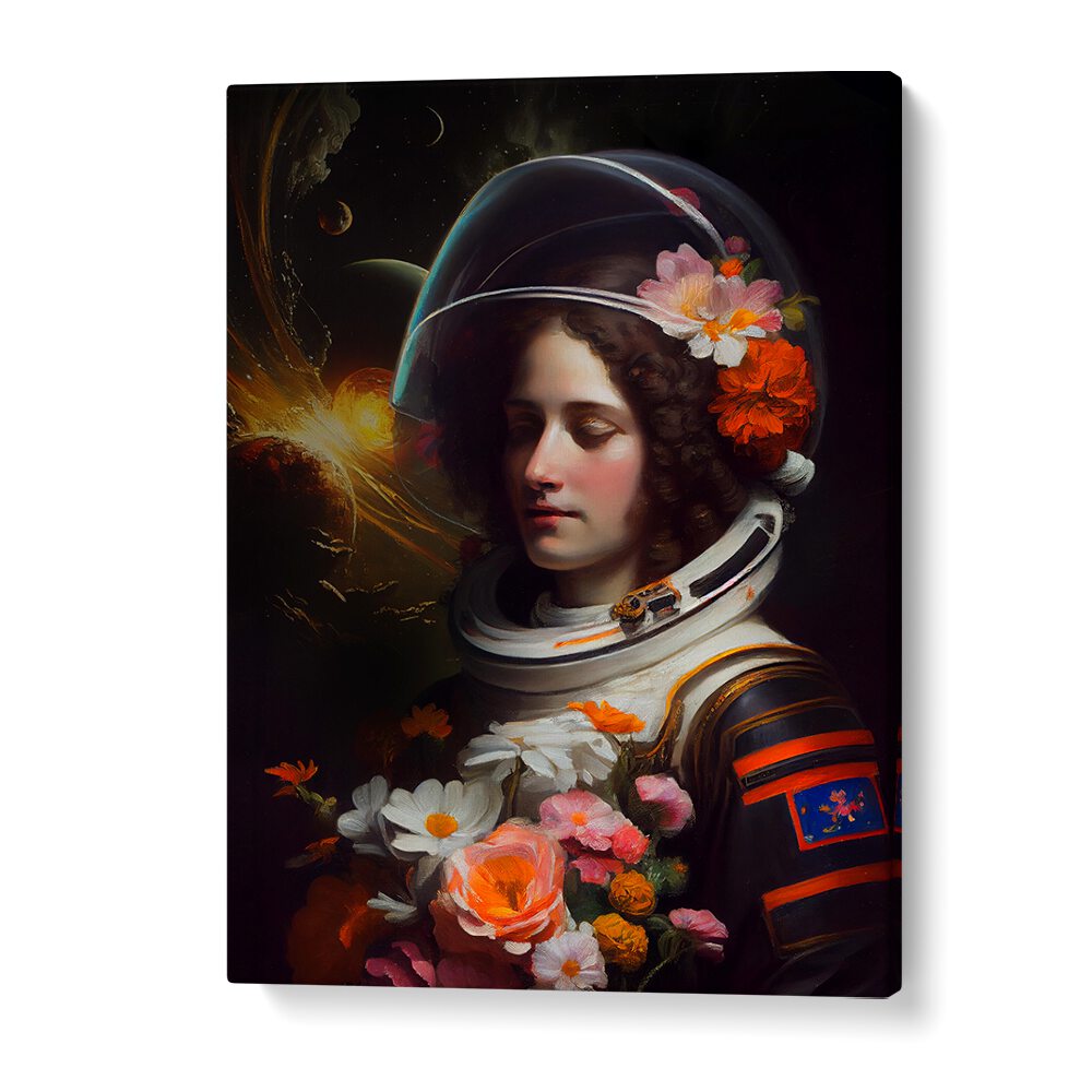ASTRONAUT BEAUTY, ALTERED ART PRINTS by Dikhotomy feature a cosmic figure adorned with flowers, blending art and universe.