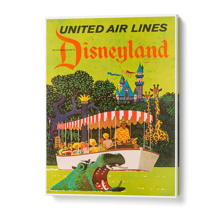 Colorful Disneyland vintage travel poster featuring a boat tour, capturing nostalgic magic and whimsy for home decor.