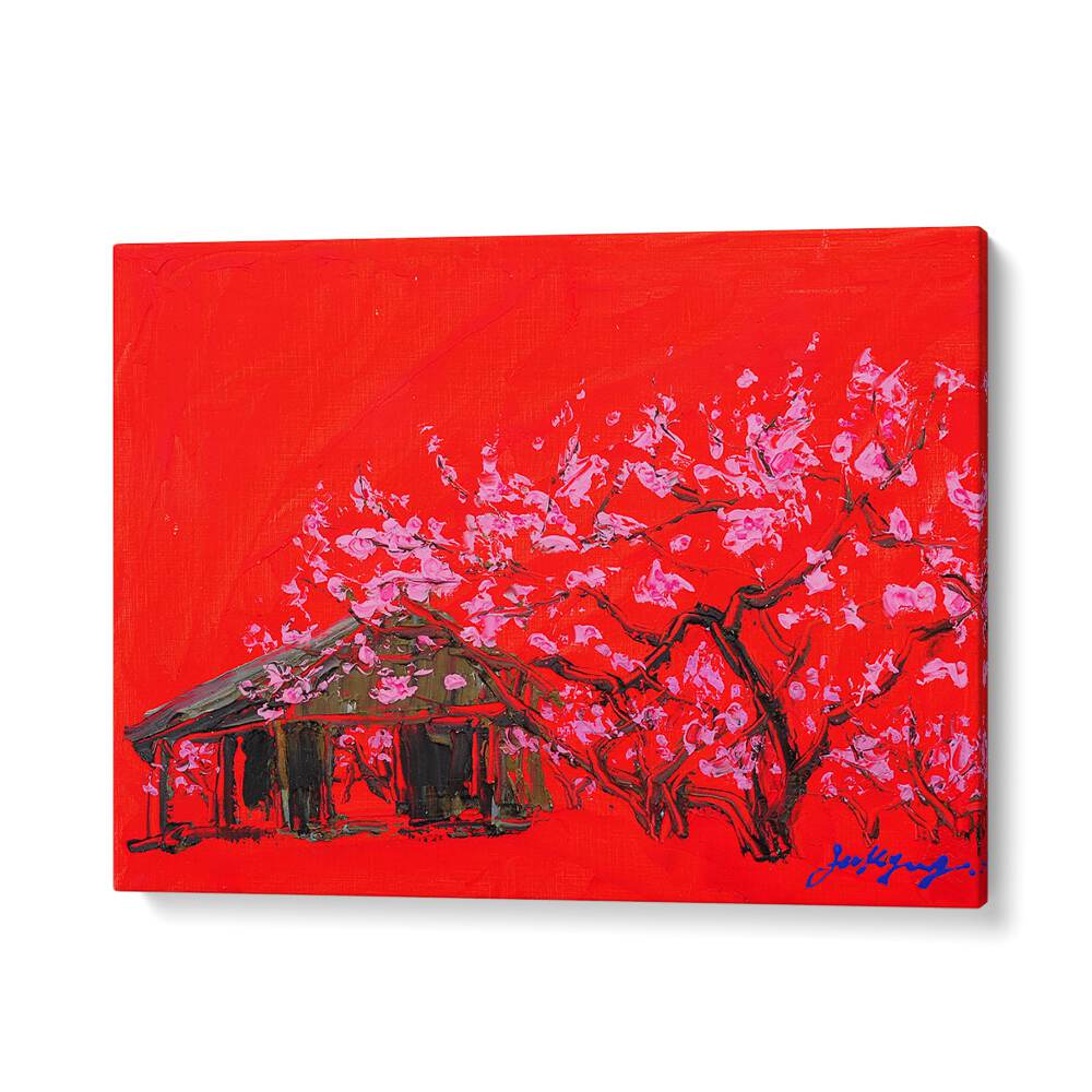 Vibrant PEACH BLOSSOM CANVAS, FLORAL FLOWER PAINTINGS showcasing pink blossoms against a bold red background.