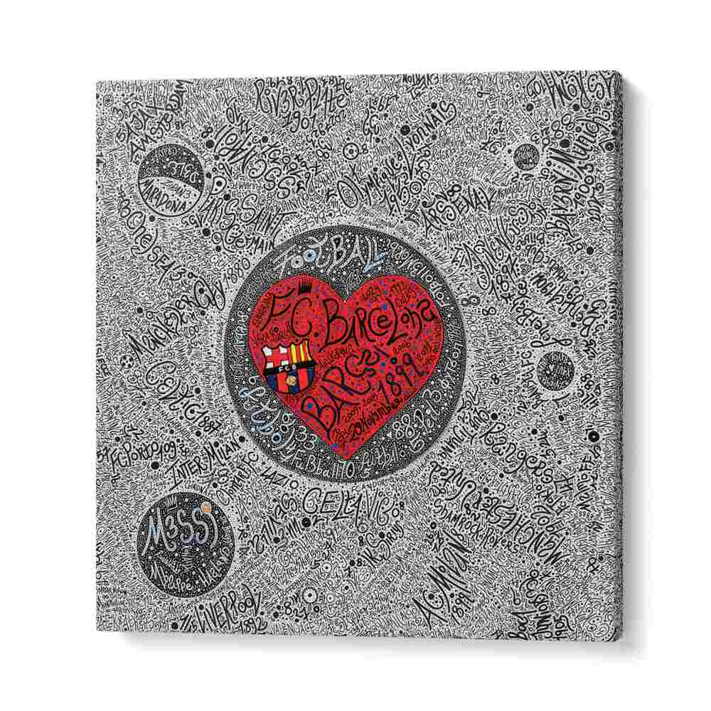 Vibrant LOVE OF FOOTBALL, DOODLE ART PAINTINGS showcasing a heart design and iconic player names, perfect for fans.