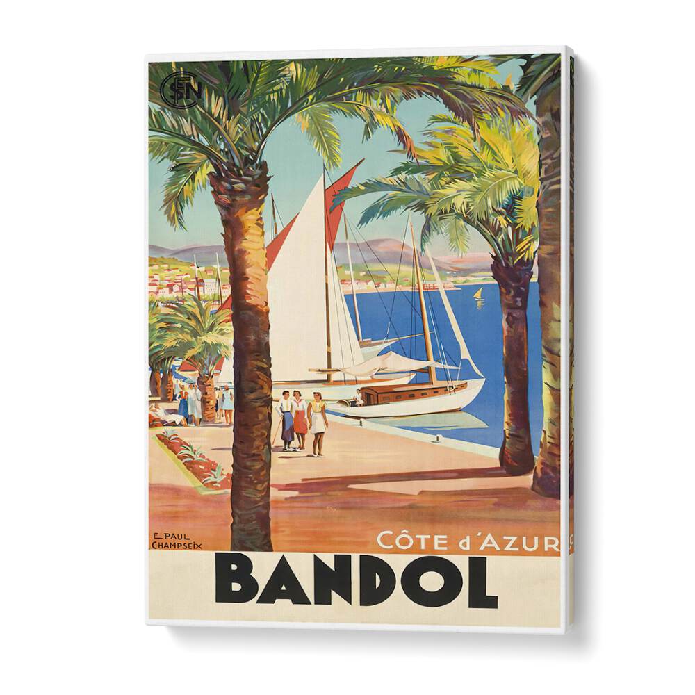 BANDOL, VINTAGE TRAVEL POSTERS showcase a vibrant coastal scene with sailboats and palm trees, evoking nostalgia.