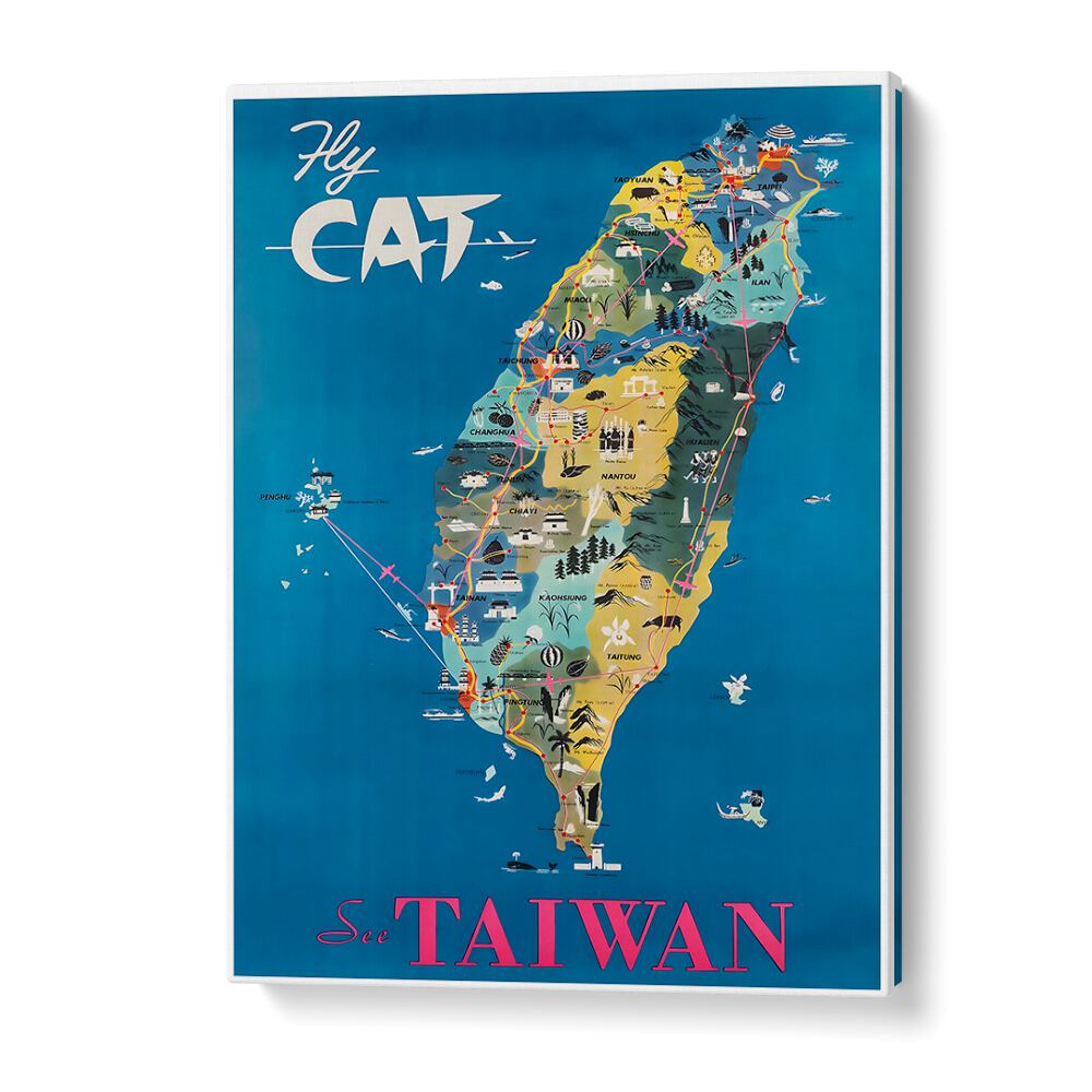 TAIWAN II, VINTAGE TRAVEL POSTERS showcase a colorful map highlighting Taiwan's rich culture and breathtaking landscapes.