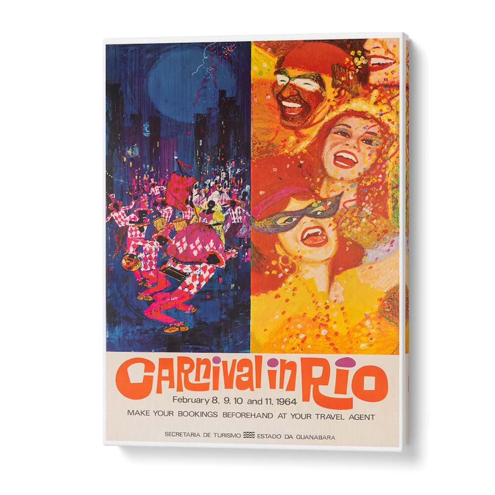 Vibrant CARNIVAL IN RIO, VINTAGE TRAVEL POSTERS showcasing festive colors and joyful celebrations of Brazil's carnival.