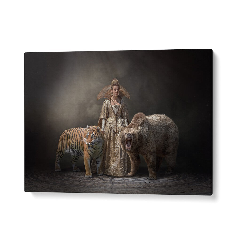 Surreal PRINCESS BEASTS , PHOTOGRAPHY PRINTS featuring a regal figure with a tiger and bear in a fantasy setting.