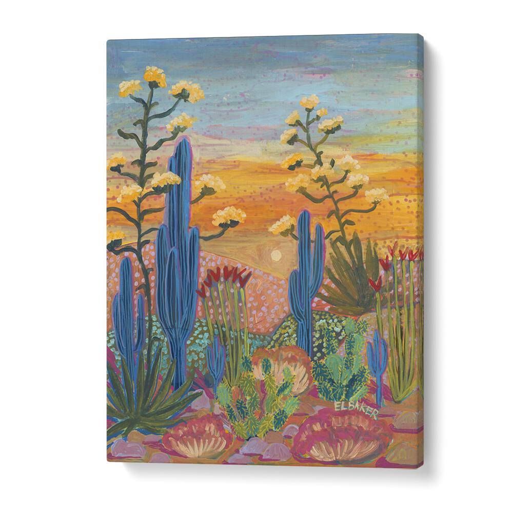 Bright Saguaro Cactus, Floral Flower Paintings by Eleanor Baker, showcasing vibrant desert blooms and sunset hues.