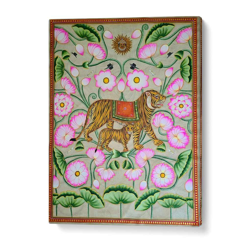 Vibrant TIGRESS WITH CUB, INDIAN ART PAINTINGS showcasing a majestic mother and her cub among lush floral designs.