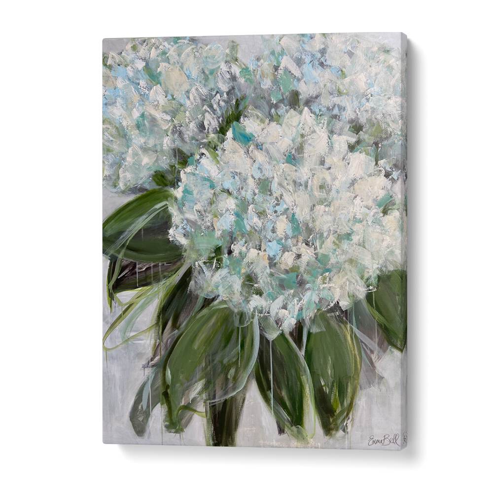 Delicate white and blue hydrangeas, floral flower paintings perfect for enhancing your home decor with elegance.