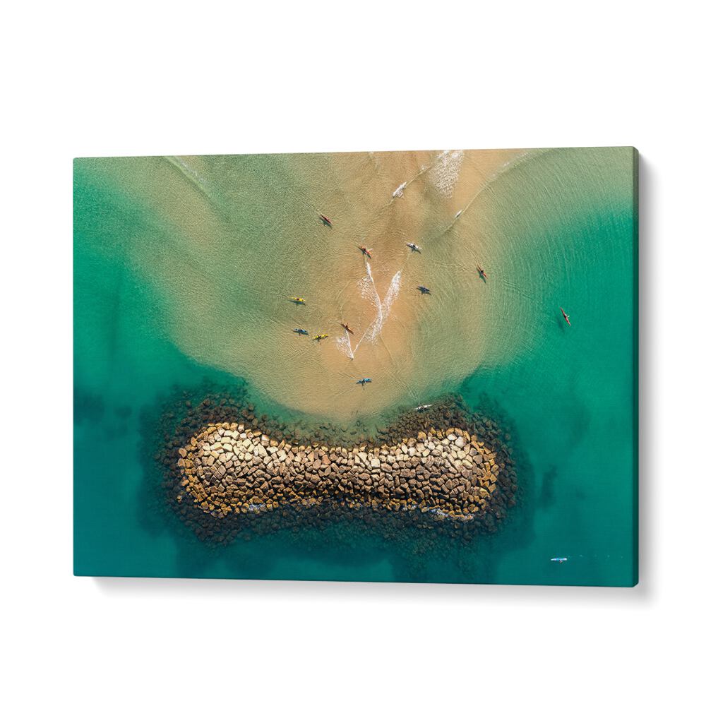 Aerial view of kayakers on clear waters, showcasing the essence of adventure in KAYAKS WORLD, PHOTOGRAPHY PRINTS.