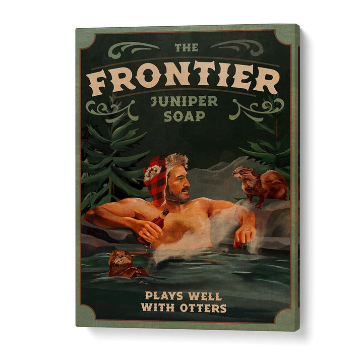 Frontier man enjoying a drink with otters, perfect for bar decor. Embrace adventure with FRONTIER MAN WITH OTTERS, BAR art.