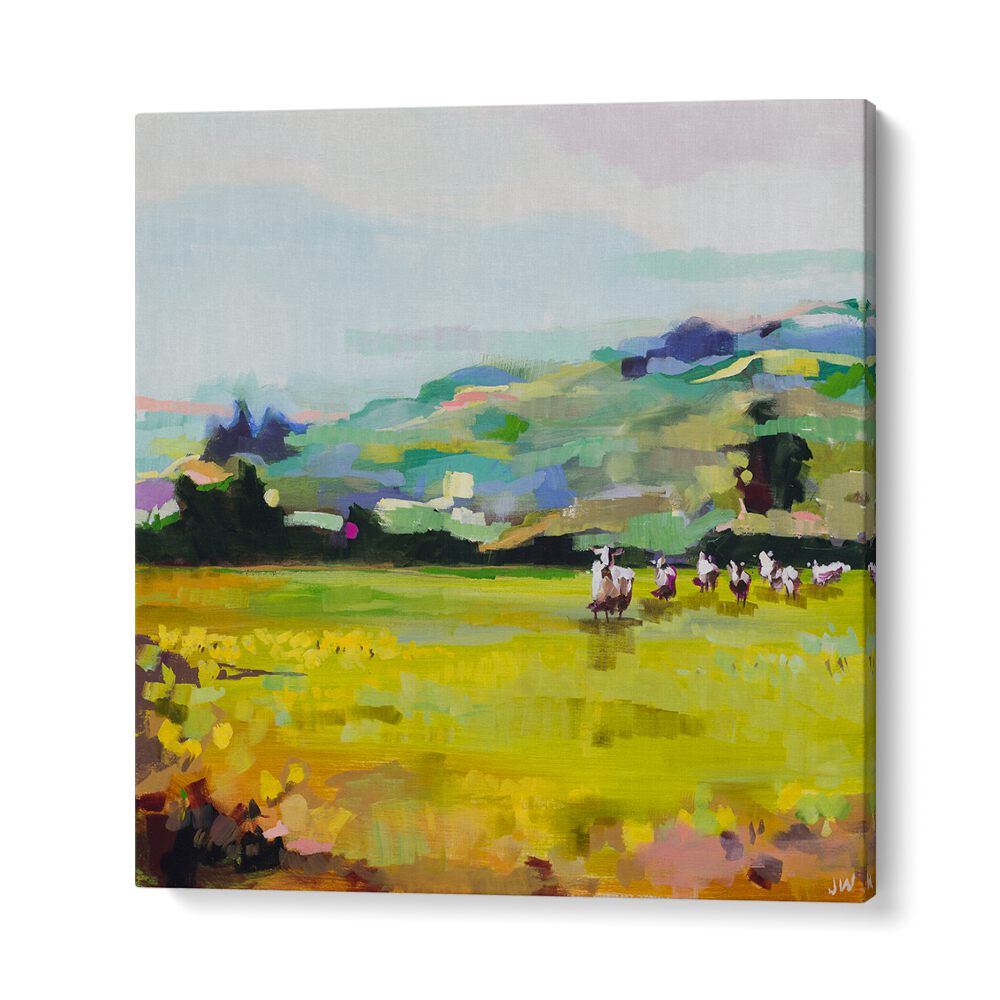 Vibrant PASTURE, LANDSCAPE PAINTINGS featuring serene colors and abstract scenery, perfect for home decor.