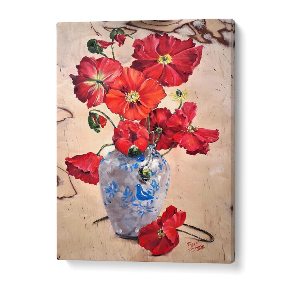 Vibrant red poppies in a decorative vase, showcasing POPPY IN VASE, FLORAL FLOWER PAINTINGS for your home decor.