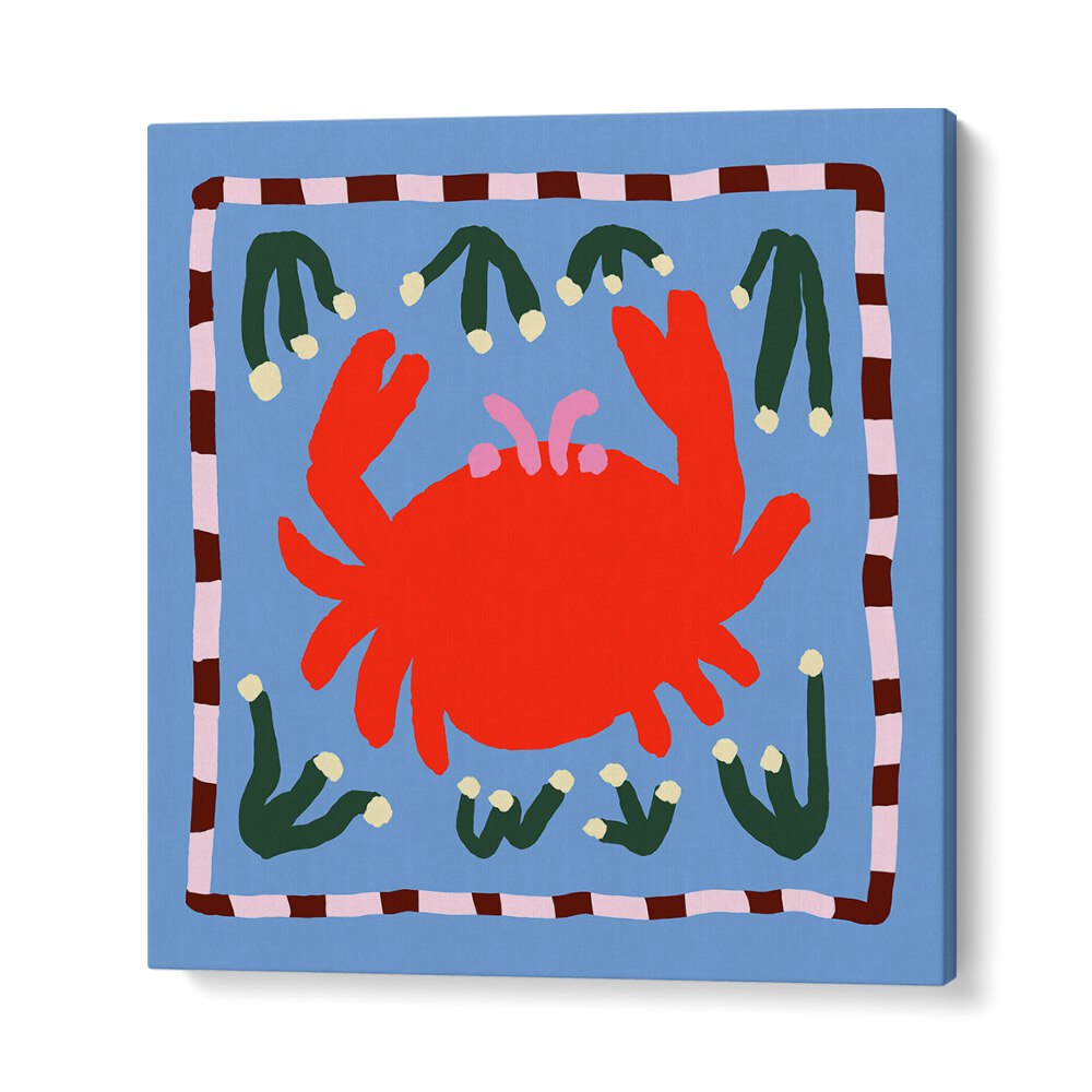 Bright red crab graphic on blue background, ideal for seafood enthusiasts, featured in our CRAB, KITCHEN POSTERS.