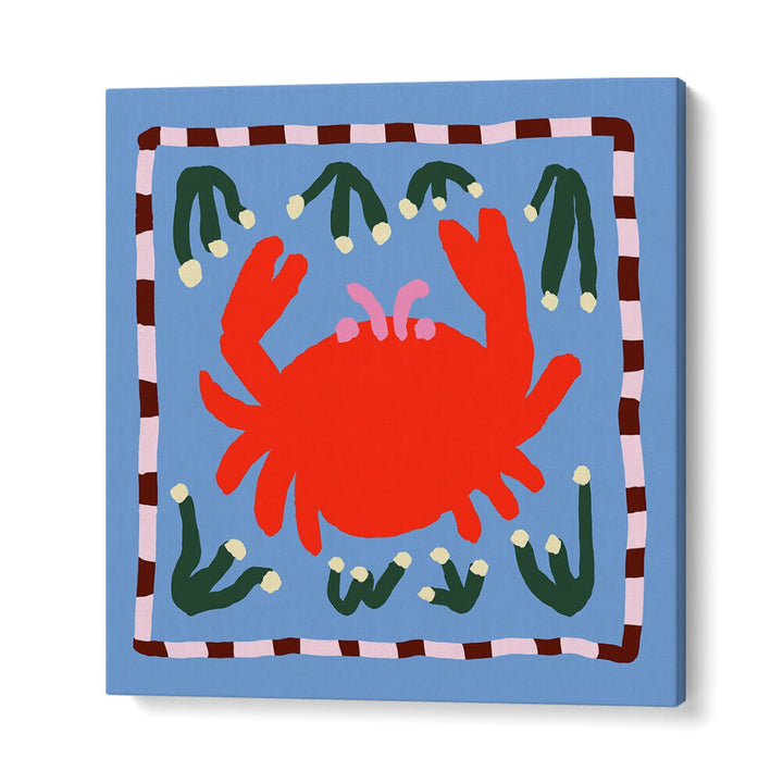 Bright red crab graphic on blue background, ideal for seafood enthusiasts, featured in our CRAB, KITCHEN POSTERS.