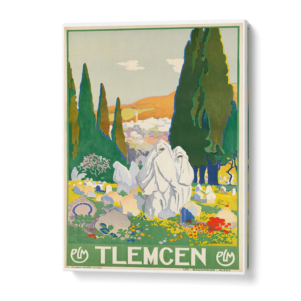 Explore TLEMCEN, VINTAGE TRAVEL POSTERS, showcasing the vibrant beauty of Tlemcen's historic landscapes.