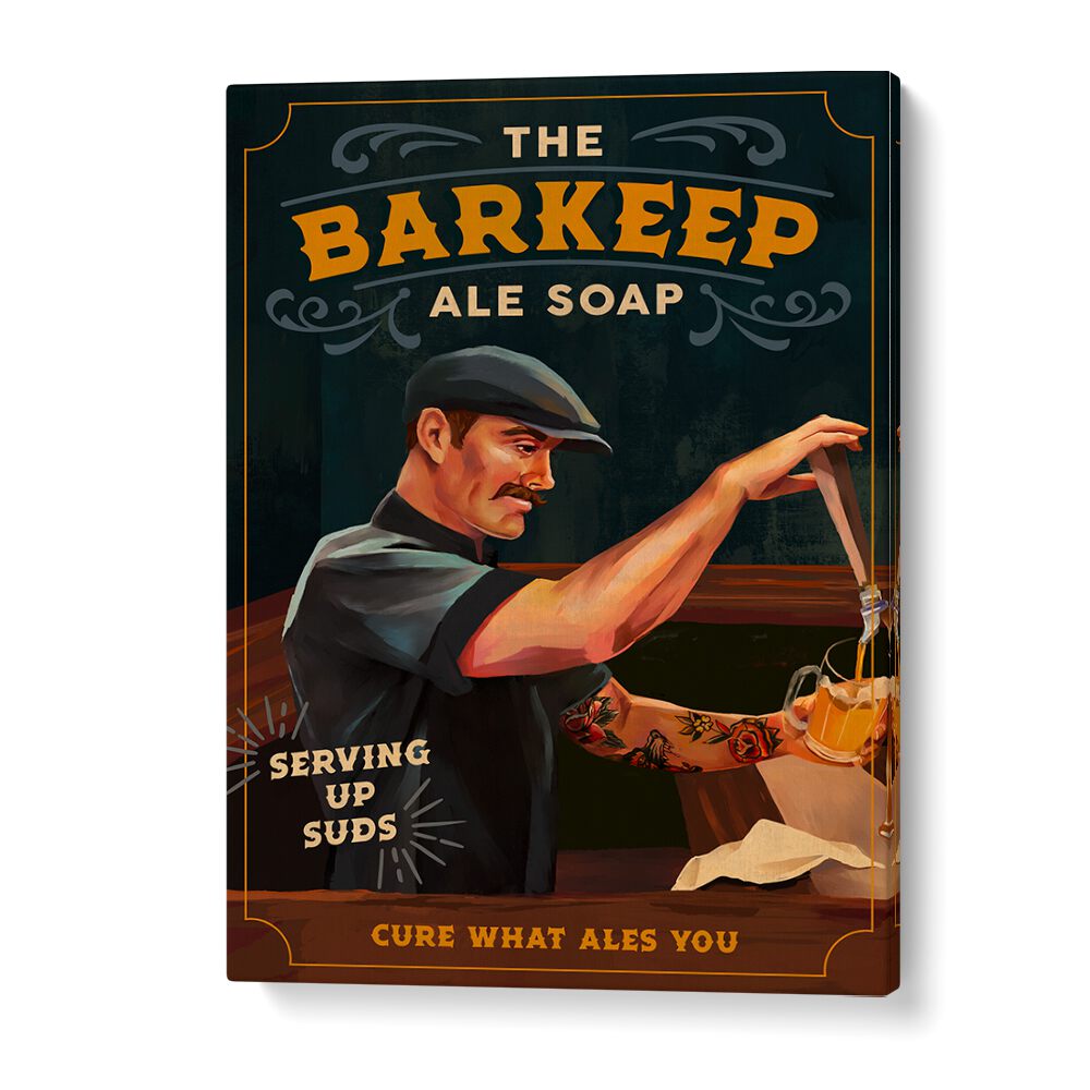 Elevate your space with BARKEEP SOAP, BAR art featuring a charming bartender serving drinks in a vibrant setting.