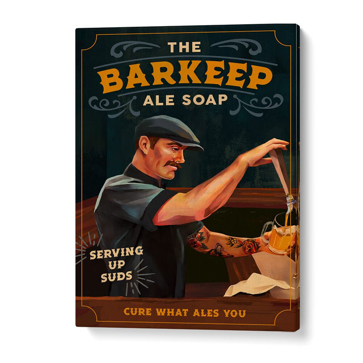 Elevate your space with BARKEEP SOAP, BAR art featuring a charming bartender serving drinks in a vibrant setting.
