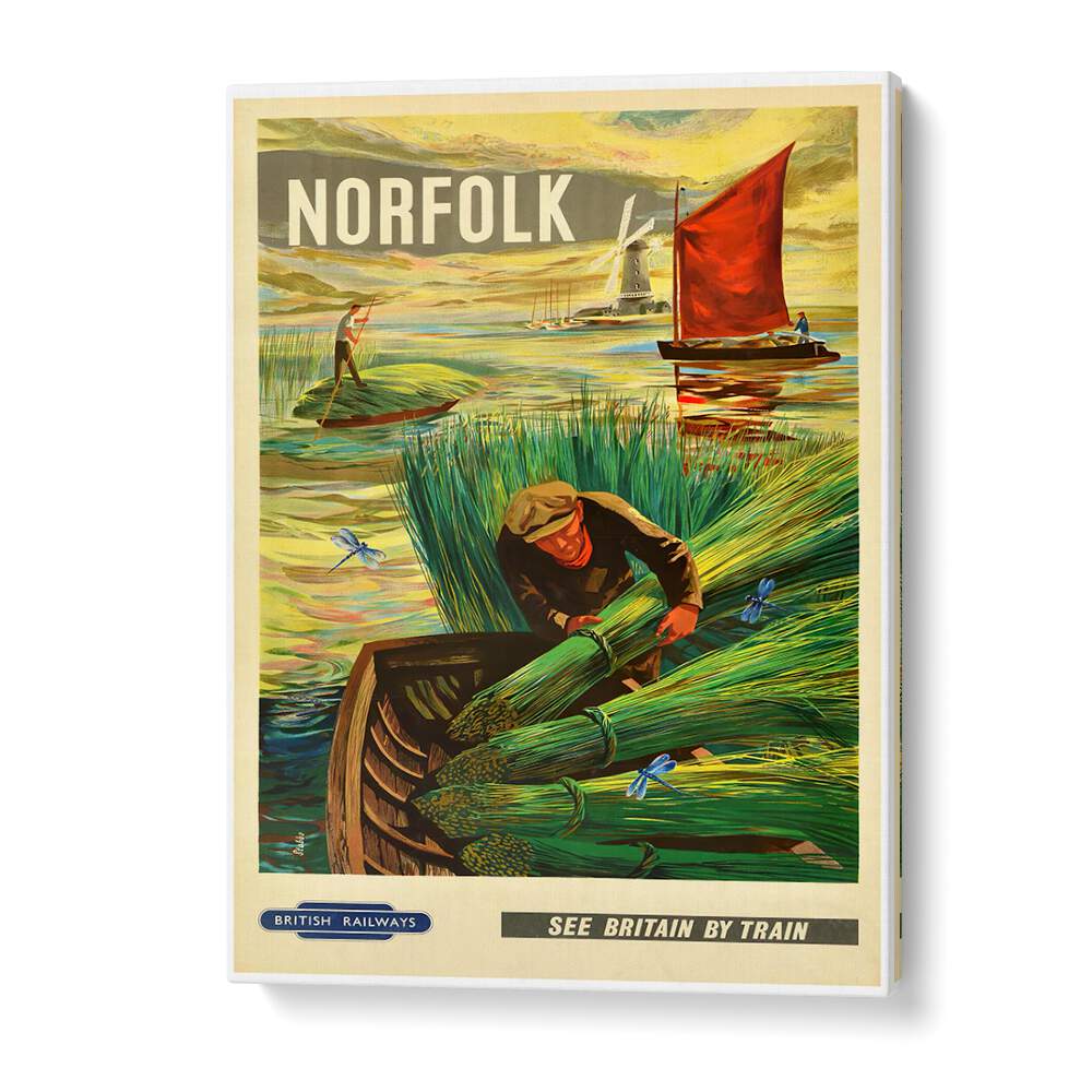 Norfolk, vintage travel posters showcasing charming scenes of the countryside and classic travel art.