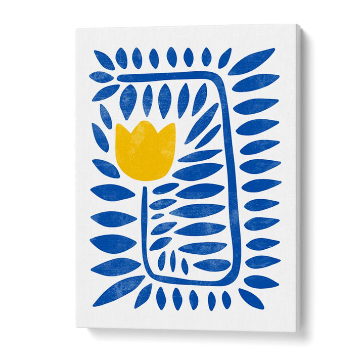 Bright yellow tulip surrounded by blue leaves in the YELLOW TULIP HARMONY, FLORAL FLOWER PAINTINGS collection.