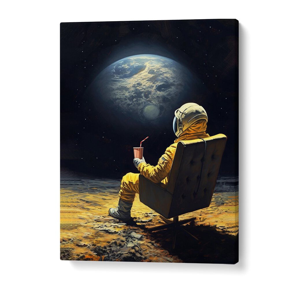 Experience the enchanting MOON BREAK, ALTERED ART PRINTS, featuring an astronaut relaxing with Earth in view.