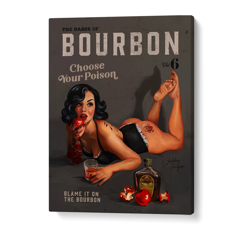 Captivating Babes of Bourbon, Bar art print featuring a sultry pinup and whiskey, perfect for any bar decor.