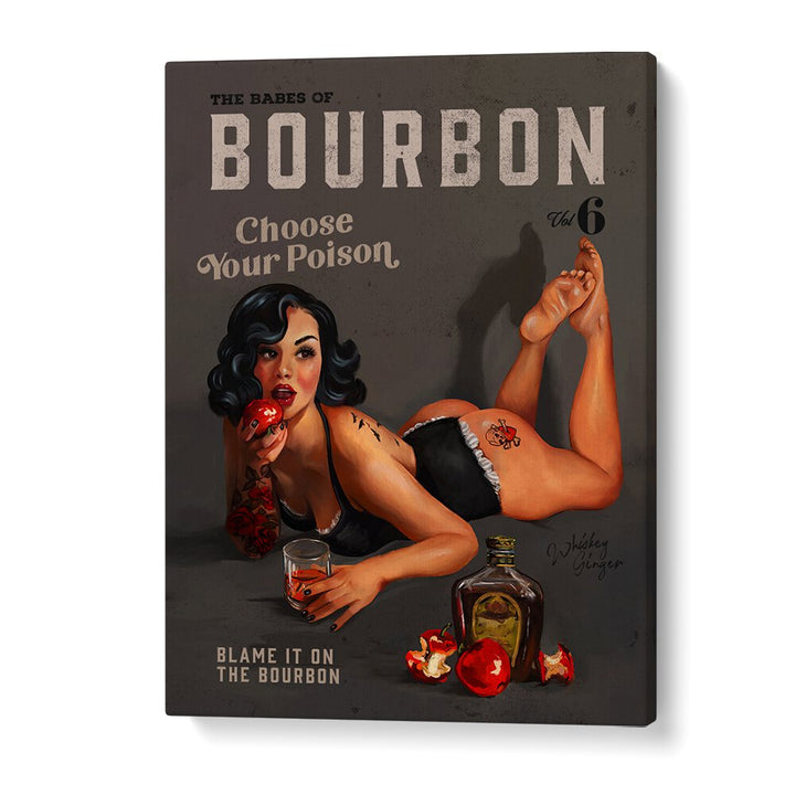 Captivating Babes of Bourbon, Bar art print featuring a sultry pinup and whiskey, perfect for any bar decor.