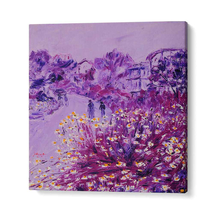 Vibrant CHRYSANTHEMUM DATE, FLORAL FLOWER PAINTINGS capturing a scenic path lined with colorful flowers and figures.