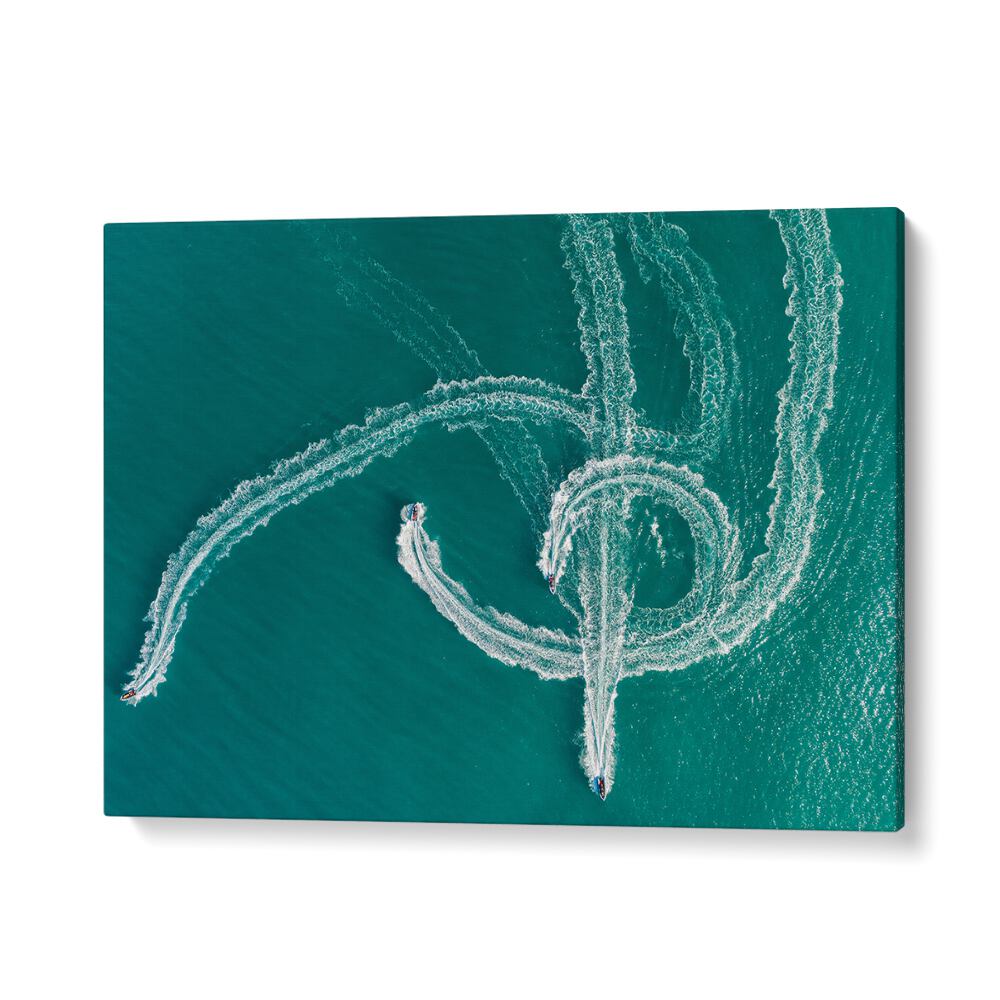 Dynamic aerial view of high-speed boats creating waves, showcasing SPEEDBOAT SYMPHONY, PHOTOGRAPHY PRINTS collection.