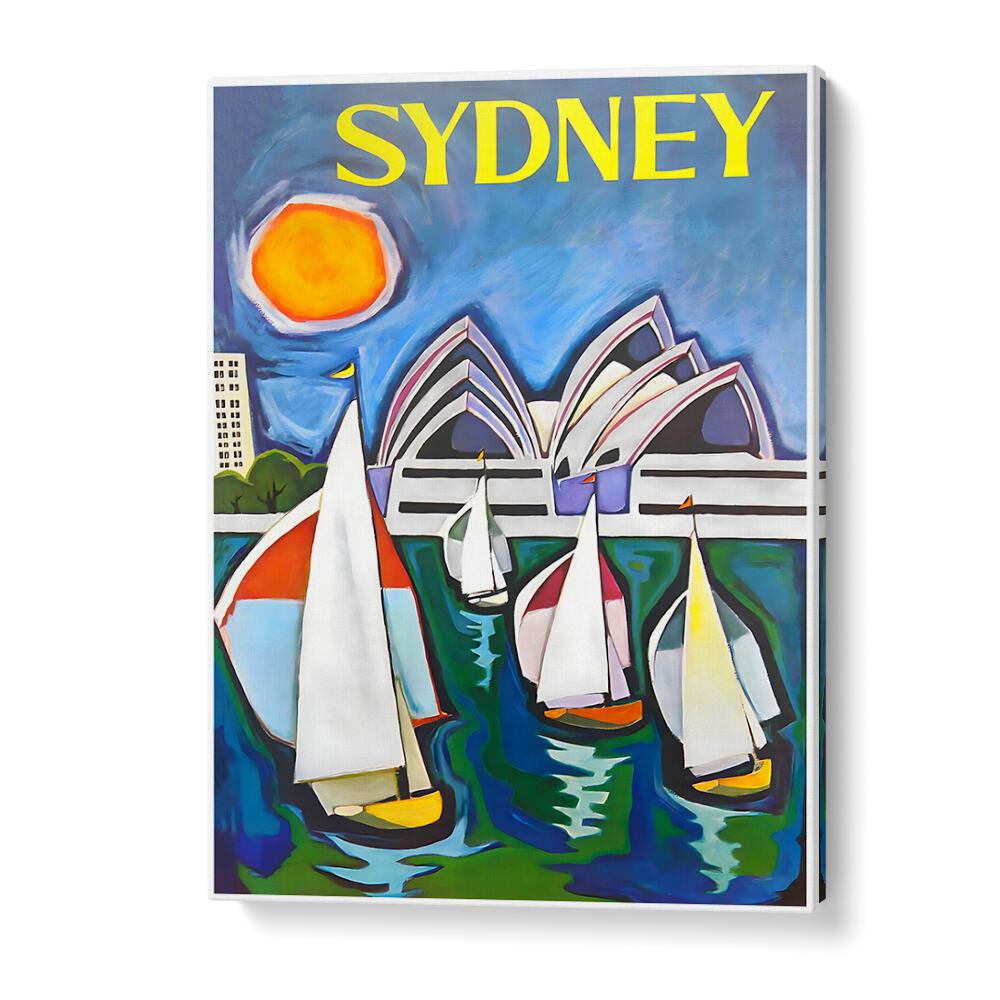Colorful SYDNEY, VINTAGE TRAVEL POSTERS featuring iconic sails and vibrant sun, perfect for home decor.